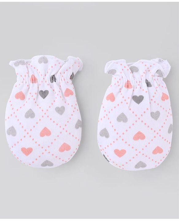 Babyhug 100% Cotton Interlock Knit Caps Mittens & Booties with Heart Print White - Diameter 16 cm