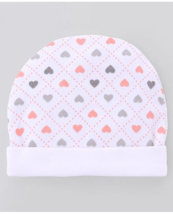 Babyhug 100% Cotton Interlock Knit Caps Mittens & Booties with Heart Print White - Diameter 16 cm