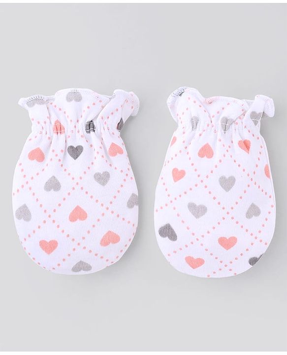 Babyhug 100% Cotton Interlock Knit Caps Mittens & Booties with Heart Print White - Diameter 16 cm