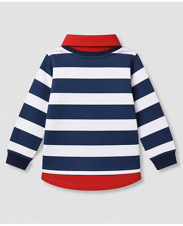 Babyhug 100% Cotton Knit Full Sleeves Striped T-Shirt with Attached Polo Shirt and Excavator Print - Red & Blue