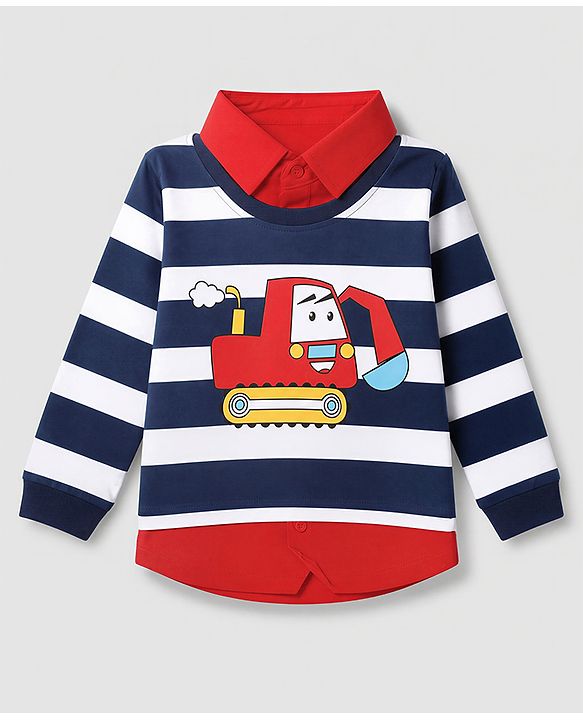 Babyhug 100% Cotton Knit Full Sleeves Striped T-Shirt with Attached Polo Shirt and Excavator Print - Red & Blue