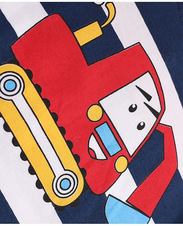 Babyhug 100% Cotton Knit Full Sleeves Striped T-Shirt with Attached Polo Shirt and Excavator Print - Red & Blue