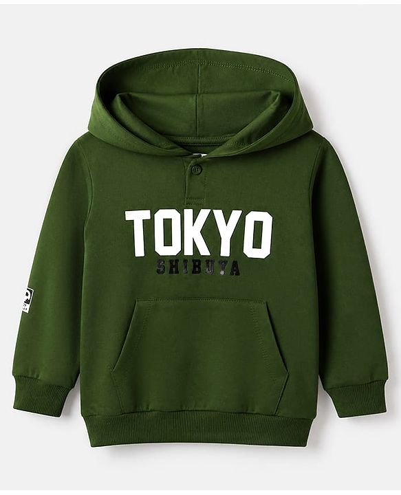 Babyhug 100% Cotton Terry Knit Full Sleeves Hooded Heavy Gauge Sweatshirt With Tokyo Text Print - Olive Green