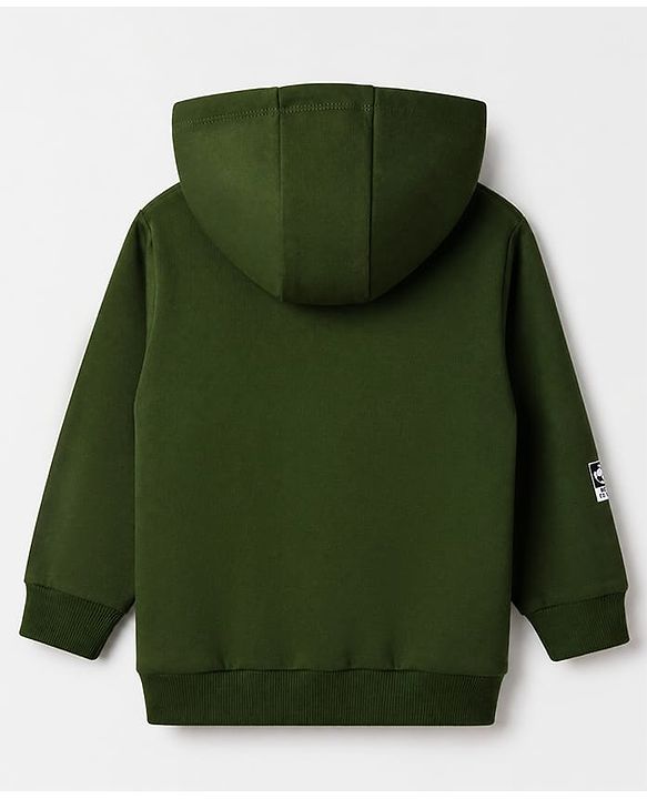 Babyhug 100% Cotton Terry Knit Full Sleeves Hooded Heavy Gauge Sweatshirt With Tokyo Text Print - Olive Green