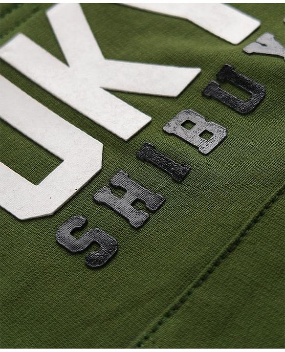 Babyhug 100% Cotton Terry Knit Full Sleeves Hooded Heavy Gauge Sweatshirt With Tokyo Text Print - Olive Green
