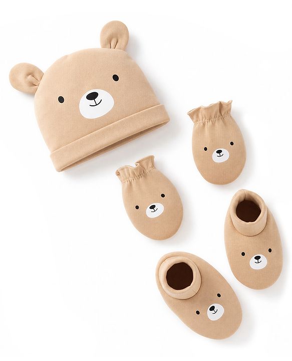 Babyhug 100% Cotton Interlock Knit Cap Mitten & Booties with Bear Print & Applique Tan - Diameter 19 cm