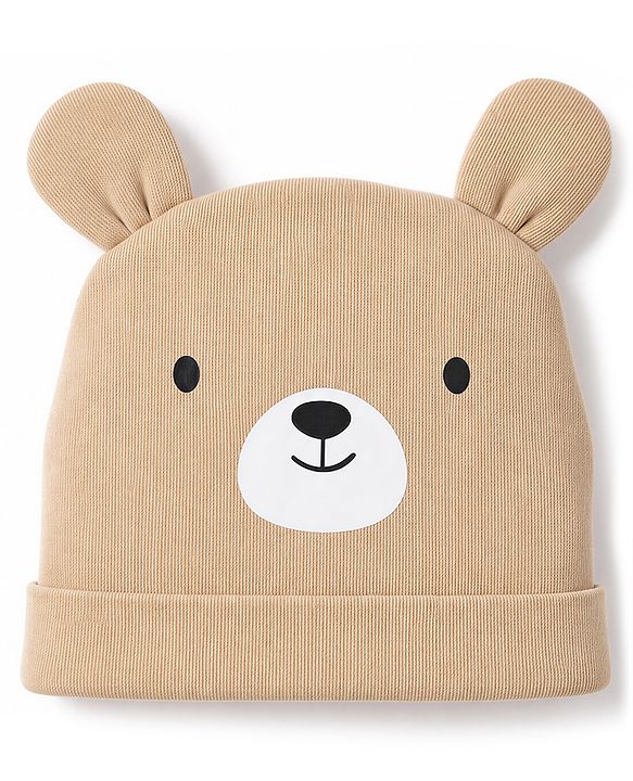 Babyhug 100% Cotton Interlock Knit Cap Mitten & Booties with Bear Print & Applique Tan - Diameter 19 cm