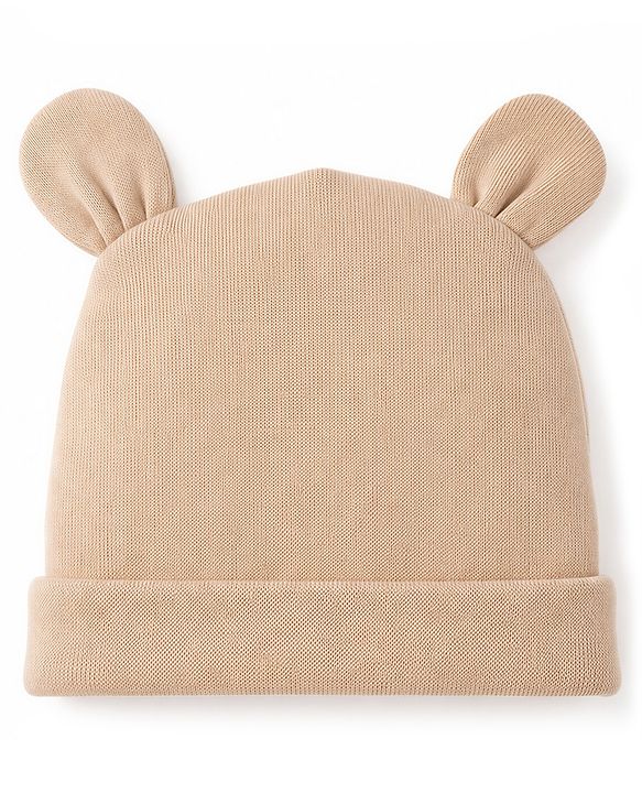 Babyhug 100% Cotton Interlock Knit Cap Mitten & Booties with Bear Print & Applique Tan - Diameter 19 cm