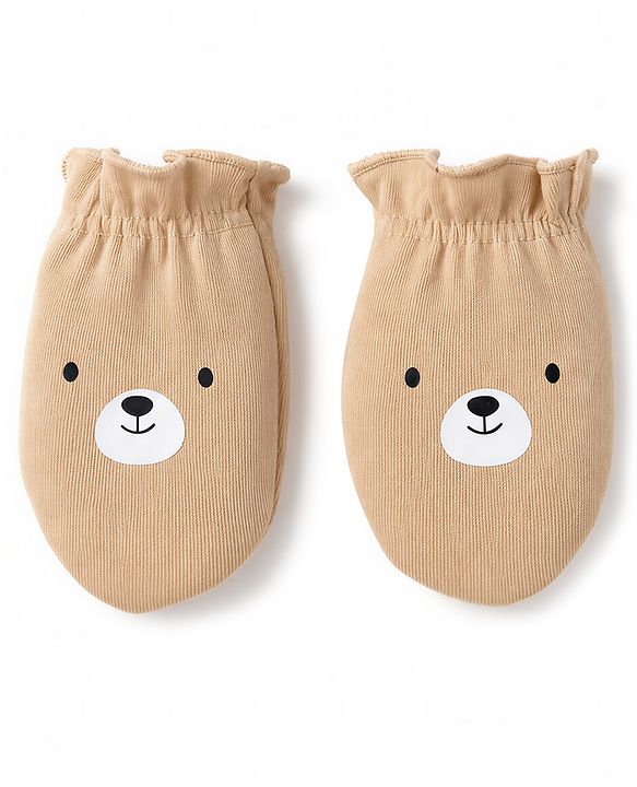 Babyhug 100% Cotton Interlock Knit Cap Mitten & Booties with Bear Print & Applique Tan - Diameter 19 cm