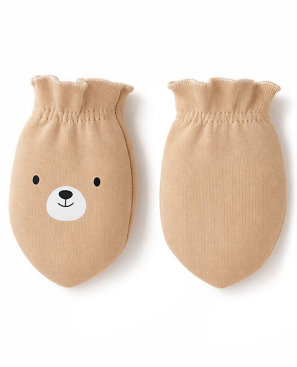 Babyhug 100% Cotton Interlock Knit Cap Mitten & Booties with Bear Print & Applique Tan - Diameter 19 cm