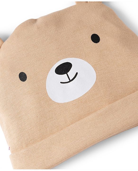 Babyhug 100% Cotton Interlock Knit Cap Mitten & Booties with Bear Print & Applique Tan - Diameter 19 cm