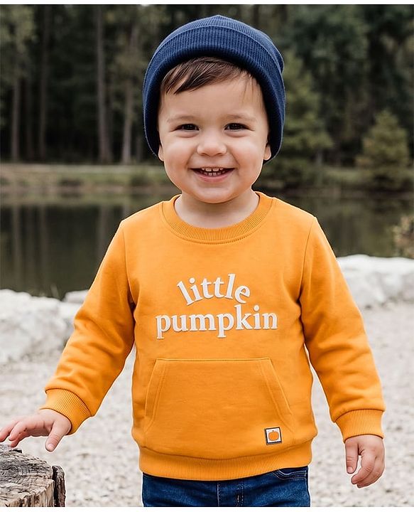 Babyhug Heavy Gauge 100% Cotton Terry Knit Sweatshirt With Full Sleeves and Little Pumpkin Text Print - Orange