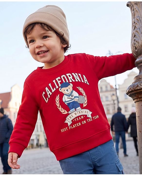 Babyhug 100% Cotton Terry Knit Sweatshirt with Full Sleeves and Bear Print - Maroon