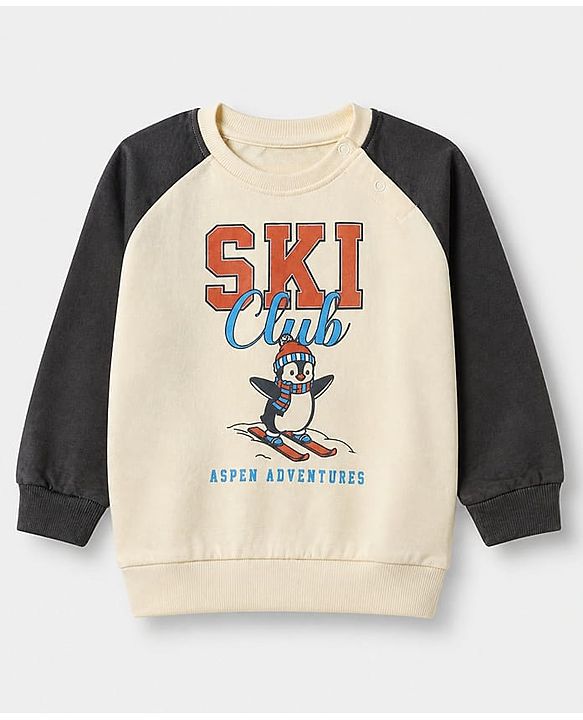 Babyhug 100% Cotton Terry Knit Full Sleeves Heavy Gauge Sweatshirt With Ski Club Print - Beige