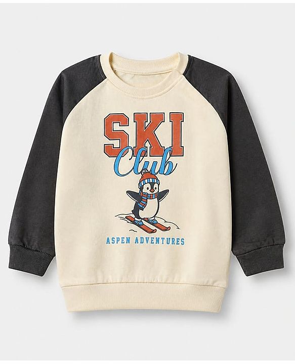 Babyhug 100% Cotton Terry Knit Full Sleeves Heavy Gauge Sweatshirt With Ski Club Print - Beige