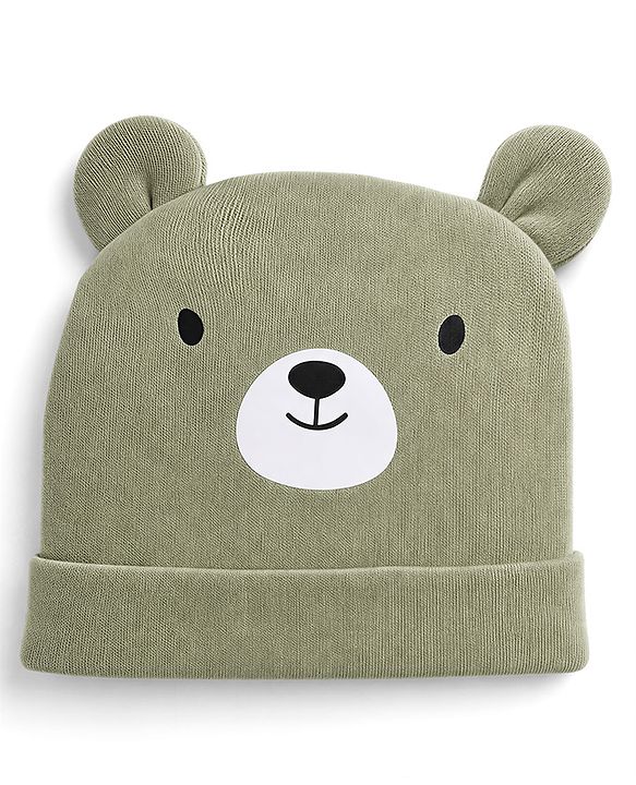 Babyhug 100% Cotton Interlock Knit Cap Mittens & Booties Set With Teddy Bear Print Olive Green - Diameter 11.5 cm