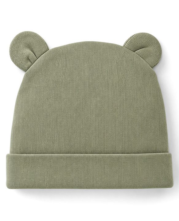 Babyhug 100% Cotton Interlock Knit Cap Mittens & Booties Set With Teddy Bear Print Olive Green - Diameter 11.5 cm