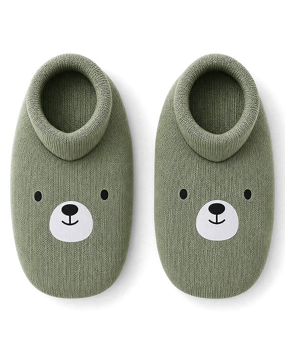 Babyhug 100% Cotton Interlock Knit Cap Mittens & Booties Set With Teddy Bear Print Olive Green - Diameter 11.5 cm