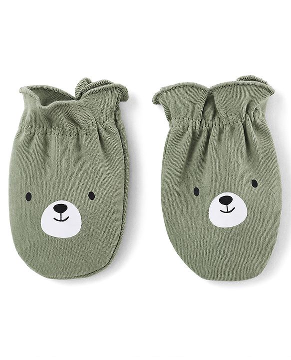 Babyhug 100% Cotton Interlock Knit Cap Mittens & Booties Set With Teddy Bear Print Olive Green - Diameter 11.5 cm