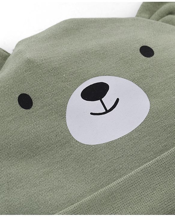 Babyhug 100% Cotton Interlock Knit Cap Mittens & Booties Set With Teddy Bear Print Olive Green - Diameter 11.5 cm