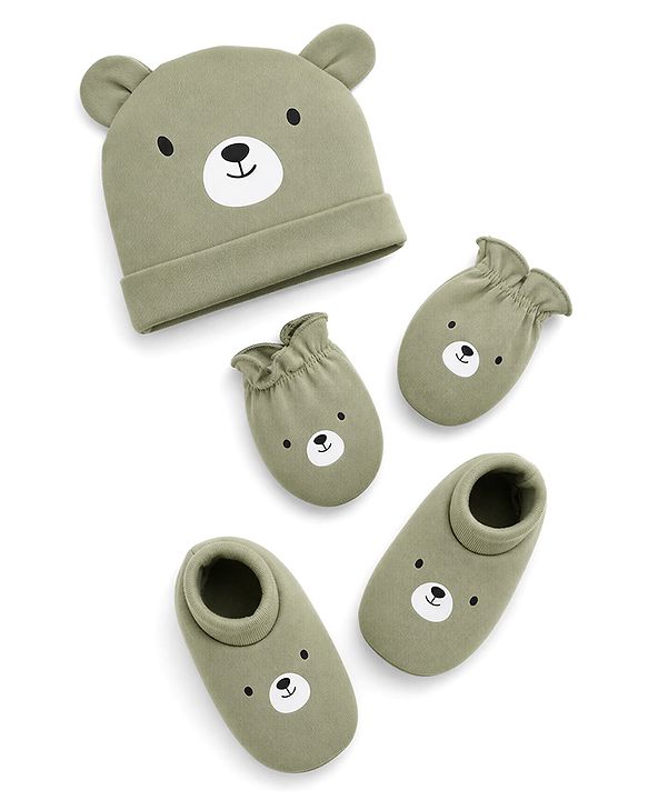 Babyhug 100% Cotton Interlock Knit Cap Mittens & Booties Set With Teddy Bear Print Olive Green - Diameter 11.5 cm