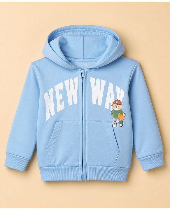 Babyhug 100% Cotton Terry Knit Sweatshirt With Full Sleeves and Bear Print in Light/Sky Blue