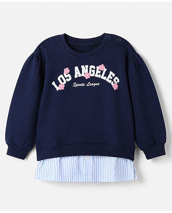 Babyhug 100% Cotton Heavy Gauge Terry Knit Full Sleeves Sweatshirt With Puffed Sleeves And Los Angeles Sports League Embroidery - Navy Blue