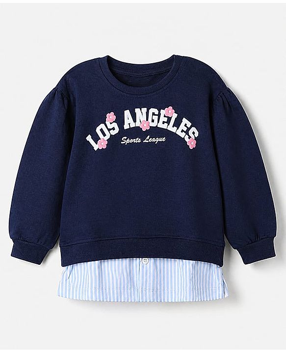 Babyhug 100% Cotton Heavy Gauge Terry Knit Full Sleeves Sweatshirt With Puffed Sleeves And Los Angeles Sports League Embroidery - Navy Blue
