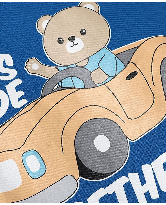Babyhug 100% Cotton Heavy Gauge Terry Knit Sweatshirt with Full Sleeves and Let's Ride Together Text with Bear in Car Print - Blue