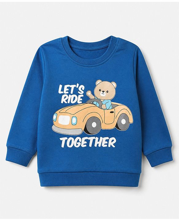 Babyhug 100% Cotton Heavy Gauge Terry Knit Sweatshirt with Full Sleeves and Let's Ride Together Text with Bear in Car Print - Blue