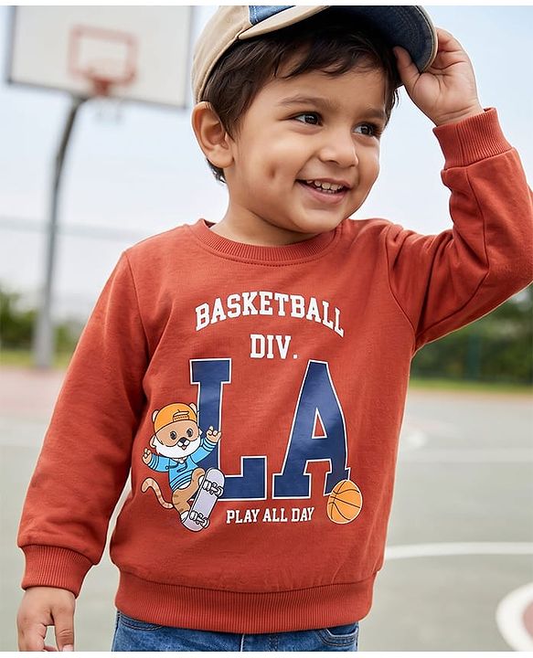 Babyhug Heavy Gauge 100% Cotton Terry Knit Sweatshirt with Full Sleeves and Basketball Print -Brown