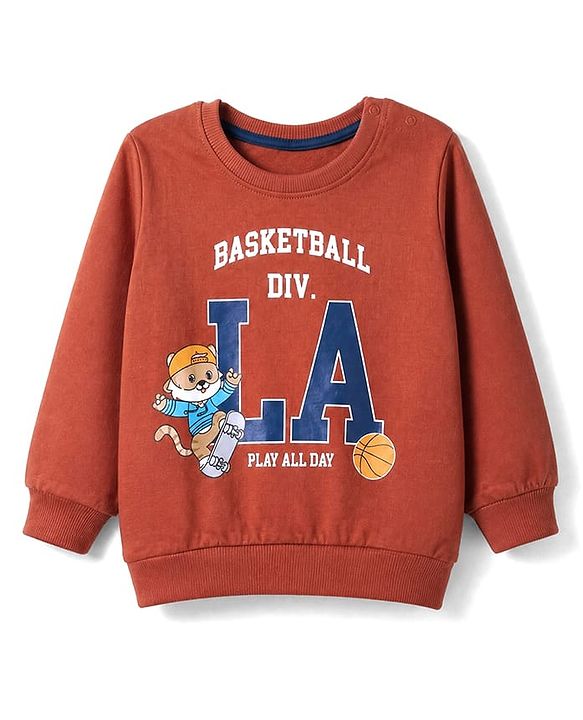 Babyhug Heavy Gauge 100% Cotton Terry Knit Sweatshirt with Full Sleeves and Basketball Print -Brown