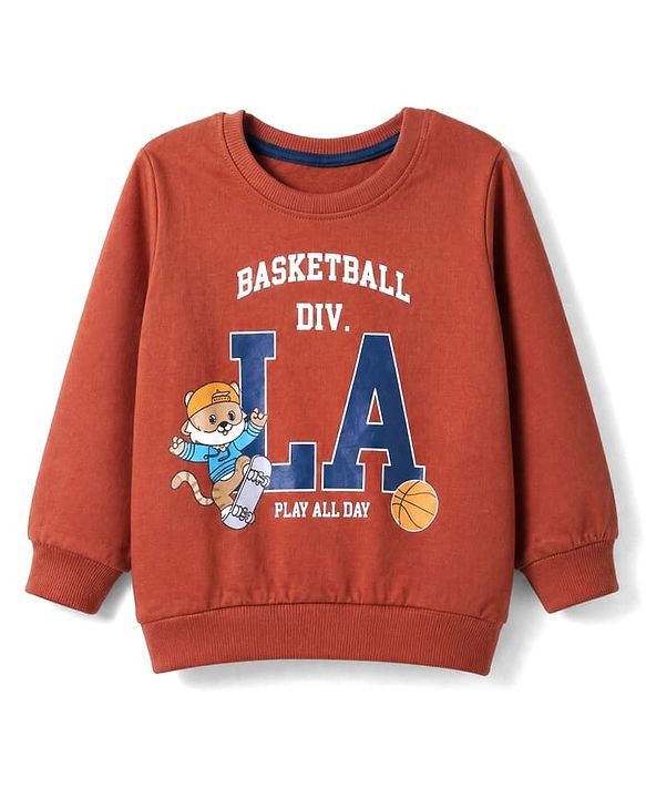 Babyhug Heavy Gauge 100% Cotton Terry Knit Sweatshirt with Full Sleeves and Basketball Print -Brown