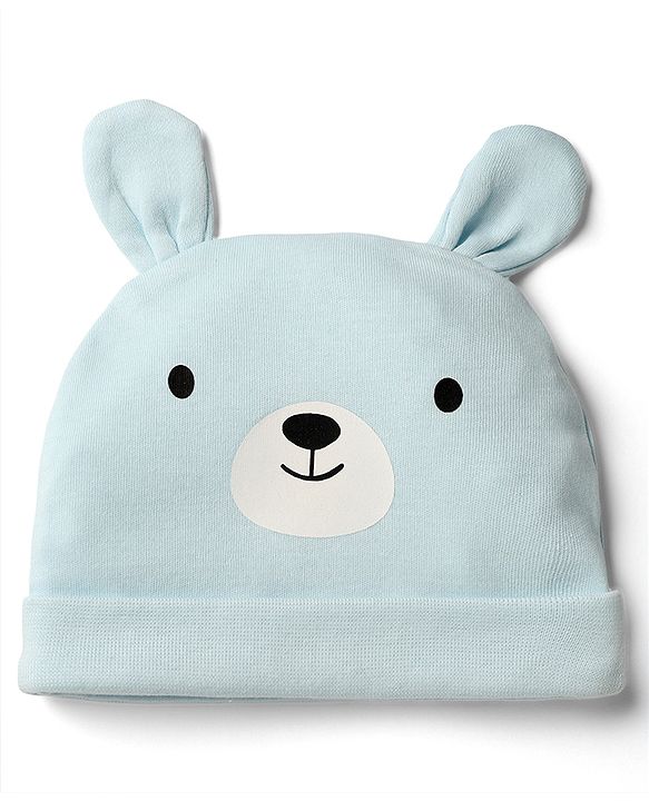 Babyhug 100% Cotton Interlock Knit Solid Cap Mittens & Booties With Bear Print Blue - Diameter 18 cm