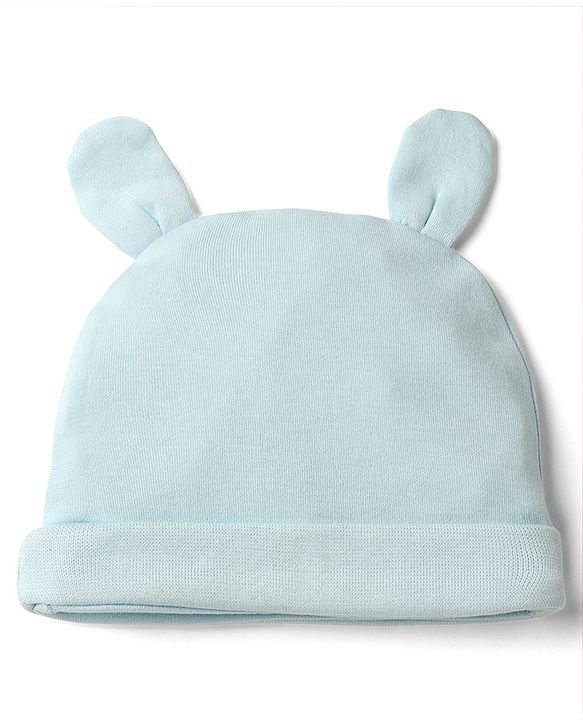 Babyhug 100% Cotton Interlock Knit Solid Cap Mittens & Booties With Bear Print Blue - Diameter 18 cm