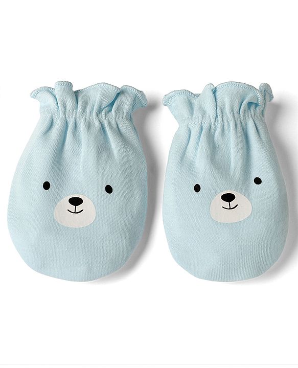 Babyhug 100% Cotton Interlock Knit Solid Cap Mittens & Booties With Bear Print Blue - Diameter 18 cm
