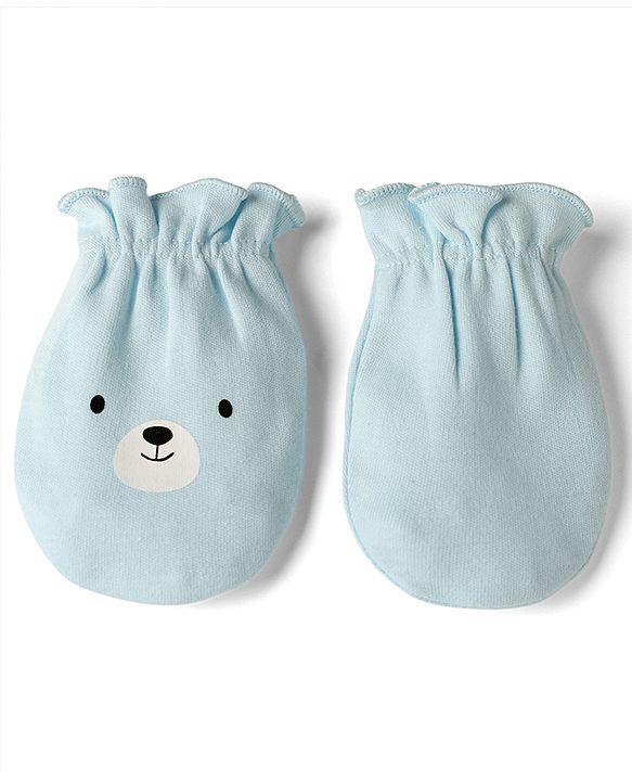 Babyhug 100% Cotton Interlock Knit Solid Cap Mittens & Booties With Bear Print Blue - Diameter 18 cm