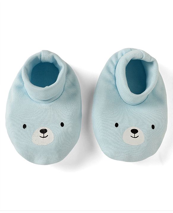 Babyhug 100% Cotton Interlock Knit Solid Cap Mittens & Booties With Bear Print Blue - Diameter 18 cm