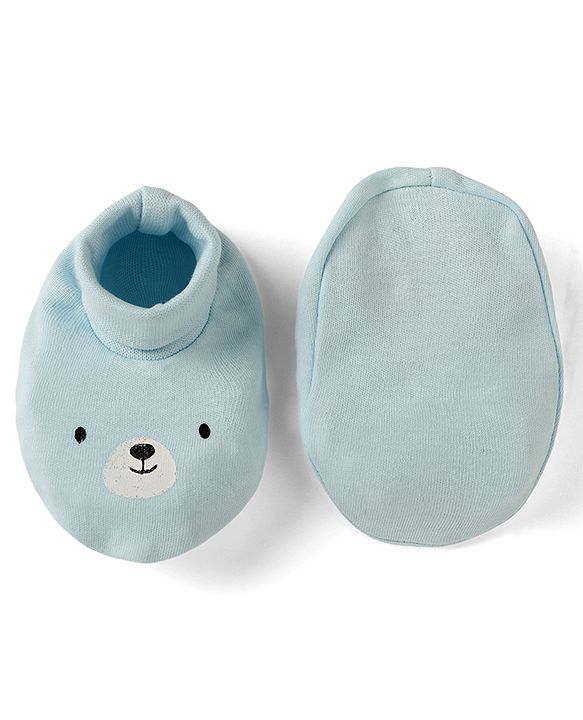 Babyhug 100% Cotton Interlock Knit Solid Cap Mittens & Booties With Bear Print Blue - Diameter 18 cm