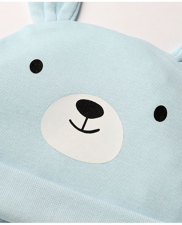 Babyhug 100% Cotton Interlock Knit Solid Cap Mittens & Booties With Bear Print Blue - Diameter 18 cm