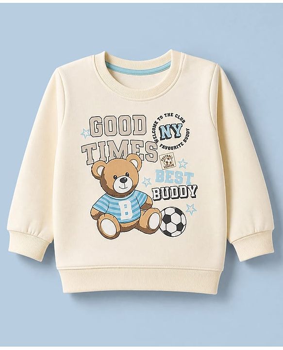 Babyhug Heavy Gauge 100% Cotton Terry Knit Sweatshirt With Full Sleeves and Teddy Bear Print - Offwhite