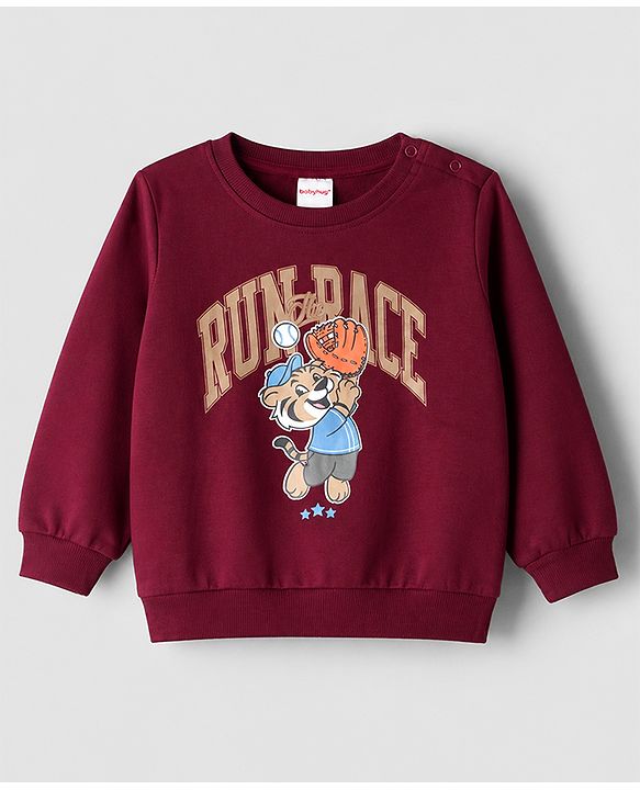 Babyhug Heavy Gauge 100% Cotton Terry Knit Sweatshirt With Full Sleeves and Baseball Print - Brown