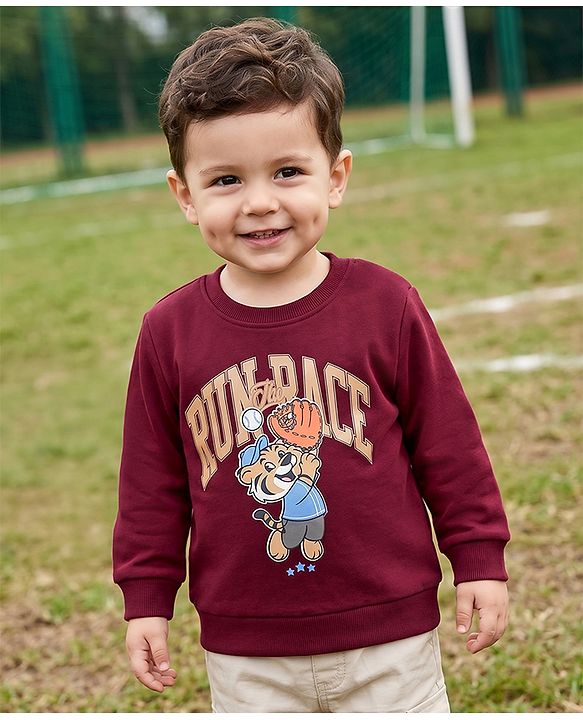 Babyhug Heavy Gauge 100% Cotton Terry Knit Sweatshirt With Full Sleeves and Baseball Print - Brown