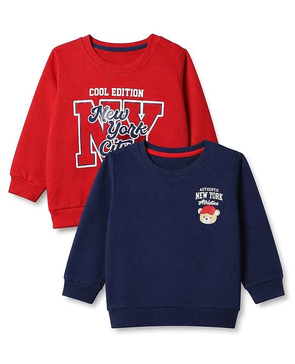 Babyhug 100% Cotton Knit Sweatshirt with Full Sleeves and Cool Edition New York City Brooklyn Atheletic Department Text in Blue & Red Pack of 2