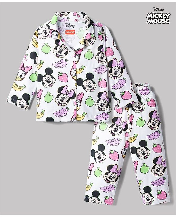 Babyhug Disney Single Jersey Knit Full Sleeves Co-Ords Shirt & Pyjama Night Suit with Minnie Mouse Graphics - White