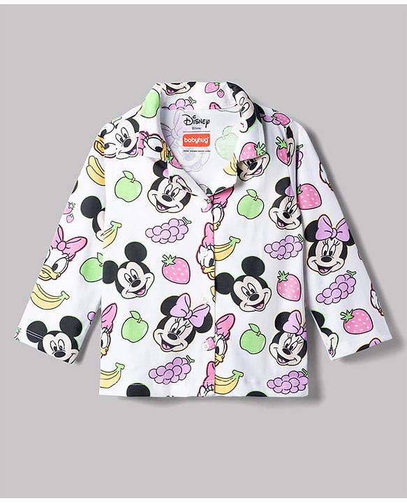 Babyhug Disney Single Jersey Knit Full Sleeves Co-Ords Shirt & Pyjama Night Suit with Minnie Mouse Graphics - White
