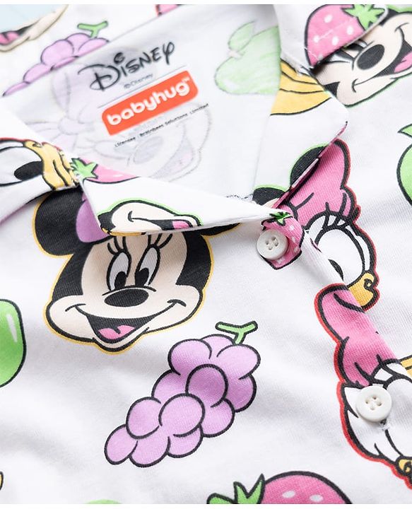 Babyhug Disney Single Jersey Knit Full Sleeves Co-Ords Shirt & Pyjama Night Suit with Minnie Mouse Graphics - White