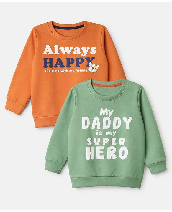 Babyhug 100% Cotton Heavy Gauge Terry Knit Sweatshirts with Full Sleeves and Always Happy Tiger & My Daddy is my Super Hero Text Print in Pack of 2 - Orange Light Green