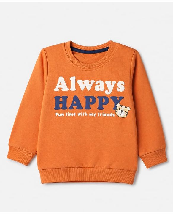 Babyhug 100% Cotton Heavy Gauge Terry Knit Sweatshirts with Full Sleeves and Always Happy Tiger & My Daddy is my Super Hero Text Print in Pack of 2 - Orange Light Green