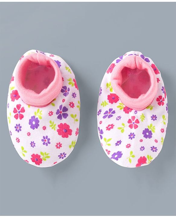 Babyhug 100% Cotton Interlock Knit Mittens & Booties Set With Floral Print - Pink